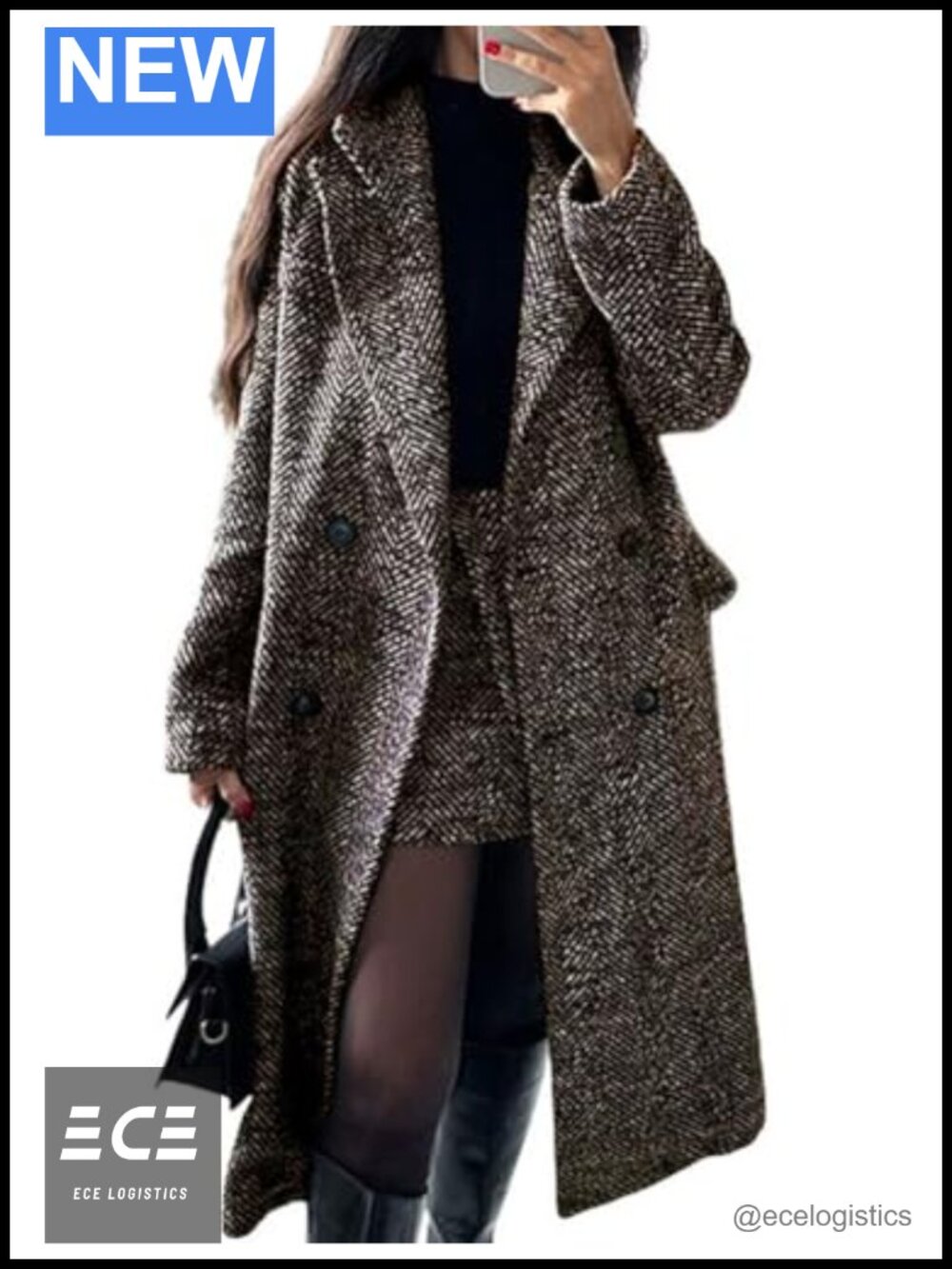 Wool Blend Herringbone Pea Coat Double Breasted Notch Collar Long Overcoat